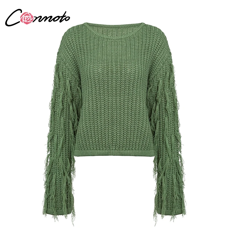 Conmoto Женский свитер с длинными рукавами, зимний женский пуловер с кисточками, однотонные вязаные джемперы, осень-зима - Цвет: Зеленый