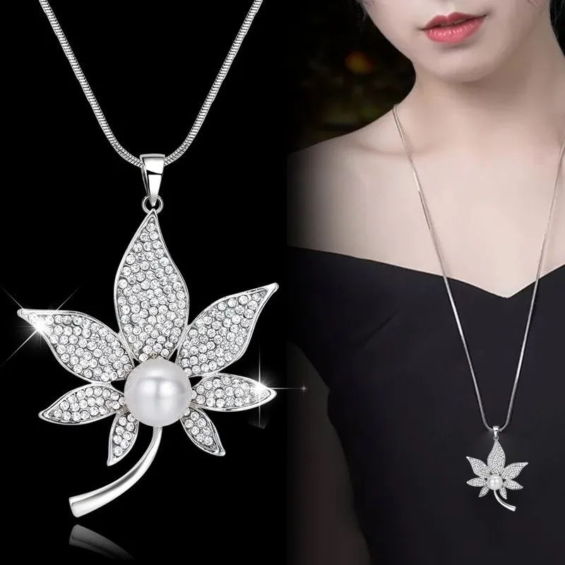 Meyfflin, женское ожерелье с искусственным жемчугом, модное, серебряное, цвет, Хрустальный цветок, длинное ожерелье, s& Кулоны, Ювелирное колье - Окраска металла: Maple leaf