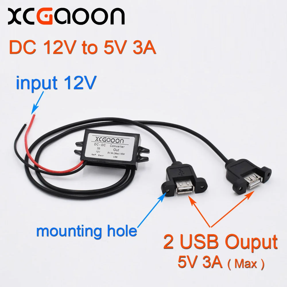 XCGaoon двойной 2 USB DC-DC автомобильный преобразователь модуль кабель с монтажным отверстием вход DC 12 В к USB выход 5 в 3A 15 Вт адаптер питания