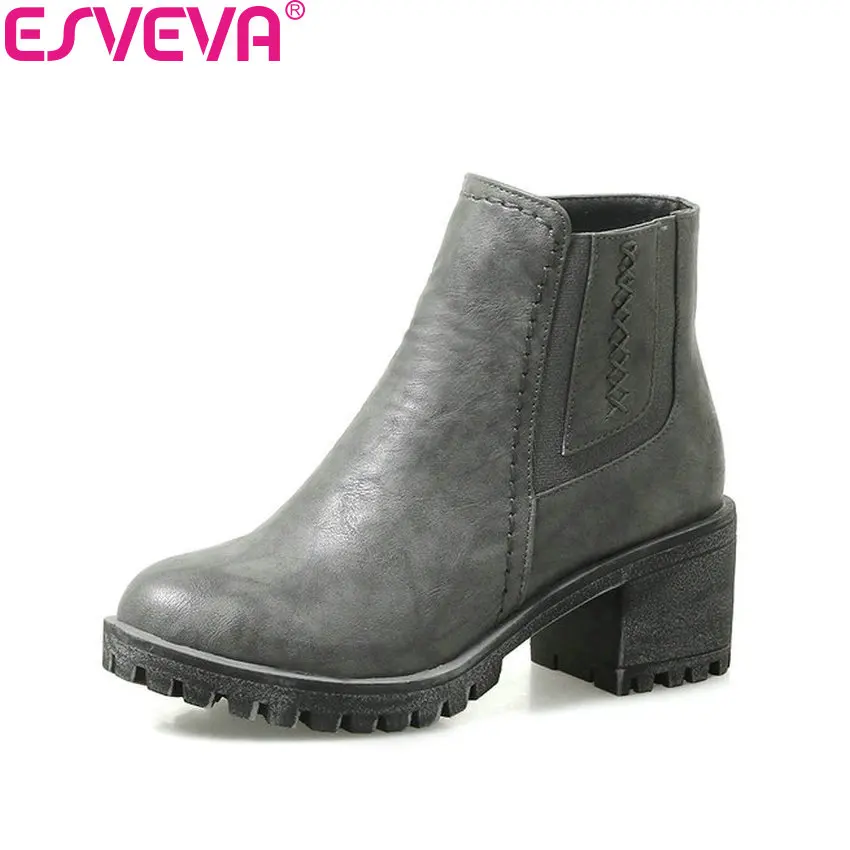 

ESVEVA 2018 Platform Women Boots Square High Heels Ankle Boots Western Style Color Round Toe Autumn Spring Boots Size 34-43
