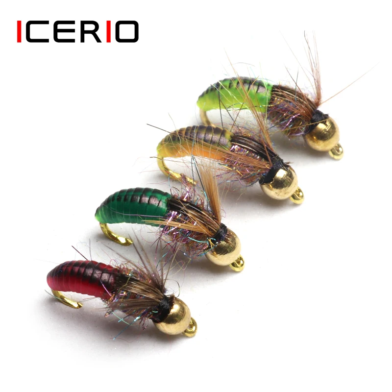 

ICERIO 8PCS #12 Brass Bead Head Fast Siking Nymph Scud Bug Worm Fly Caddis Pupa for Trout Fishing Lures