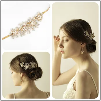 

SLBRIDAL Ribbon Wired Rhinestones Crystal Pearls Flower Wedding Tiara Headband Bridal Hair Vine Hair Accessories Bridesmaids