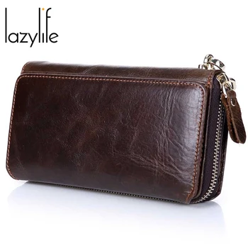 

LAZYLIFE Cowhide Men Clutch Wallets Genuine Leather Long Purses Business Large Capacity Wallet Zipper Phone Bag For Male