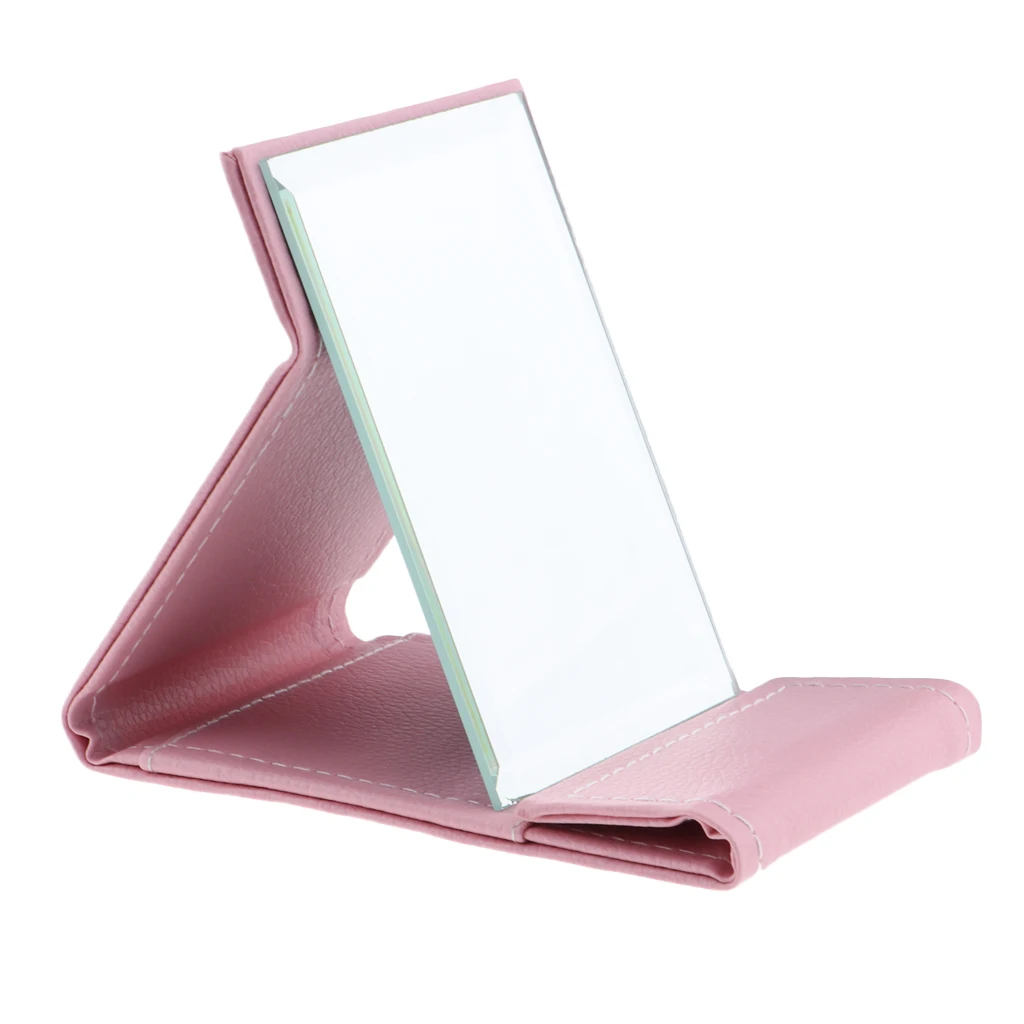 Portable Folding Vanity Makeup Mirror, Slim PU Leather Foldable Compact Makeup Tabletop Travel Cosmetic Mirror with Standing - Цвет: Pink