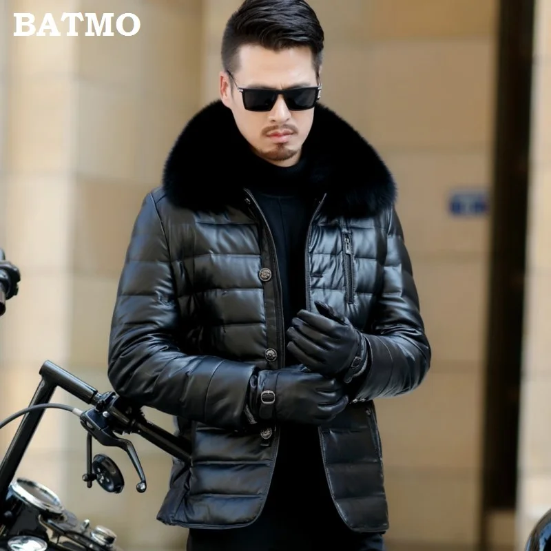 

Batmo 2018 new arrival winter high quality PU 90% white duck down fox fur collars jackets men,men's brown leather coat 802