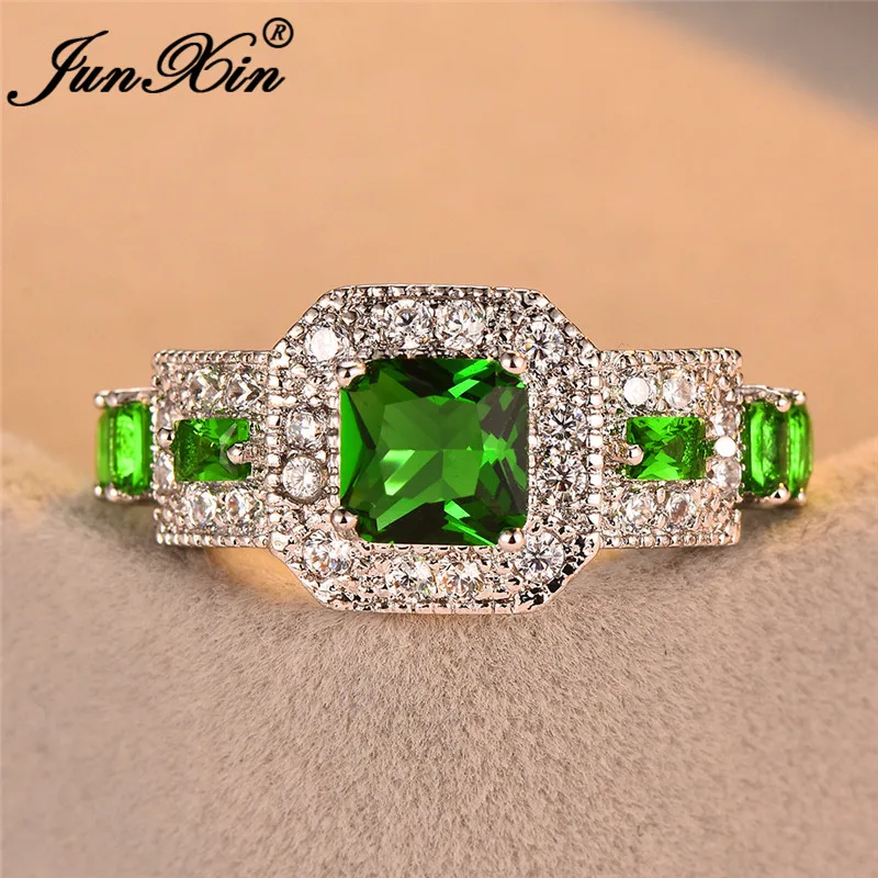 JUNXIN Vintage Square Birthstone Engagement Rings For Women Men White Gold Princess Stone Green Blue Black Zircon Ring Female CZ
