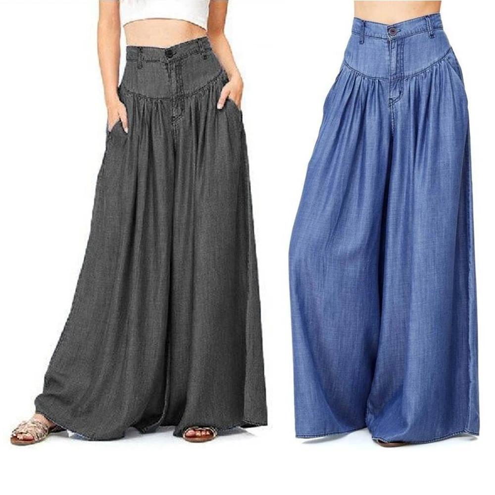 Women Loose Casual Plus Size Wide Legs High Waist Pleated Long Pants