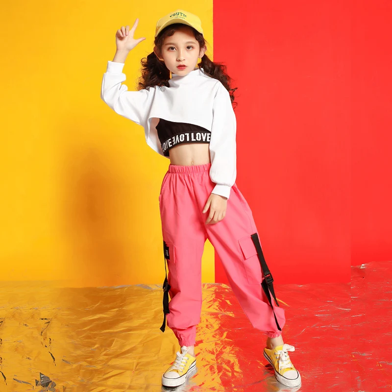 Kids Hip Hop Clothing Outfits for Girls White Coat Crop Tank Tops Jogger Pants Jazz Dance Costumes Ballroom Dancing Streetwear