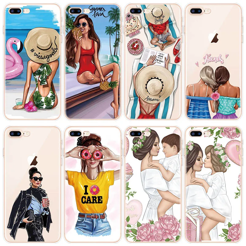 

Black Brown Hair Baby Mom Girl Fashion Case FOR iphone 6s 6 7 8 Plus For iPhone XS Max XR X Case TPU for iphone 7Plus 11 Pro Max