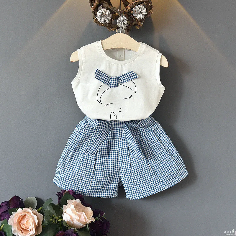 

Face Print Children Baby Girl Clothes Set Hot Summer Sleeveless Round Neck Tops Bow Pants Kids Girls Clothing Outfits 1-6 Years