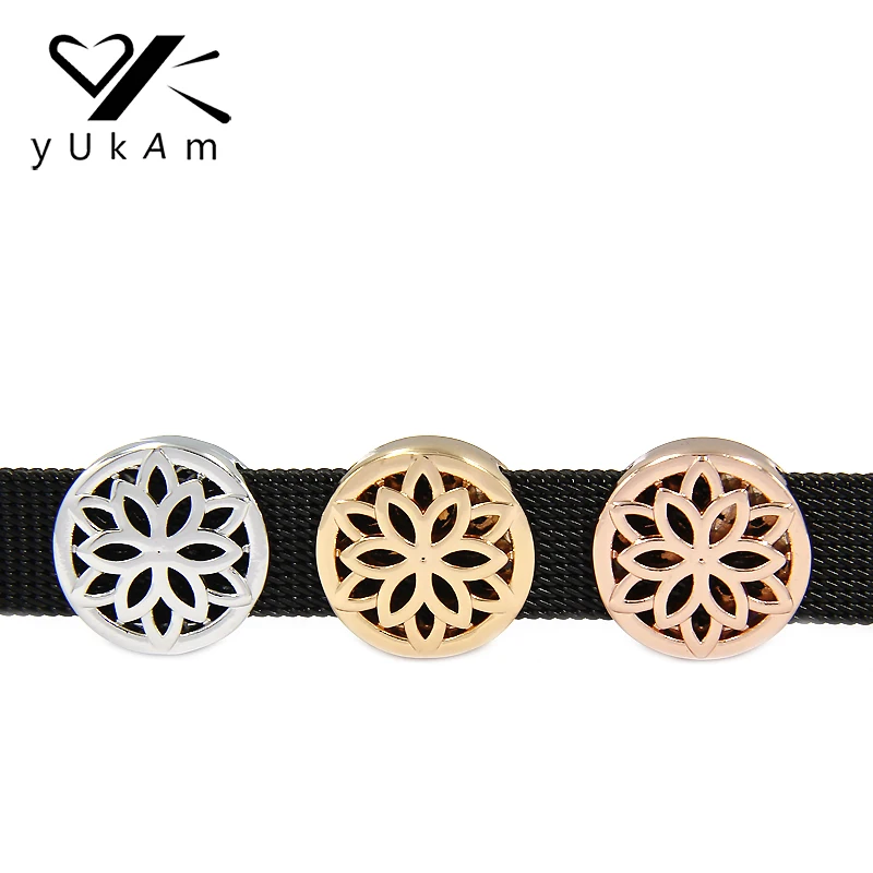 

YUKAM Jewelry Hollow Round Baroque Flower Slide Charms Keeper for Leather Wrap Stainless Steel Mesh Keepers Bracelets DIY Making