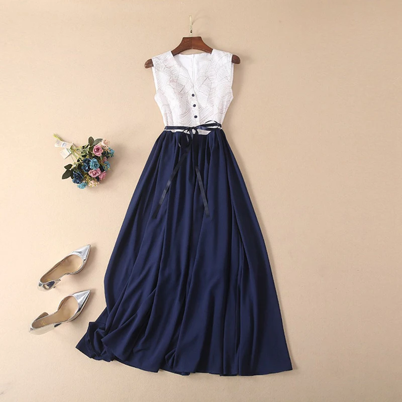 

HIGH QUALITY New Fashion 2019 Designer Runway Dress Women's Sleeveless Print Patchwork Long Dress