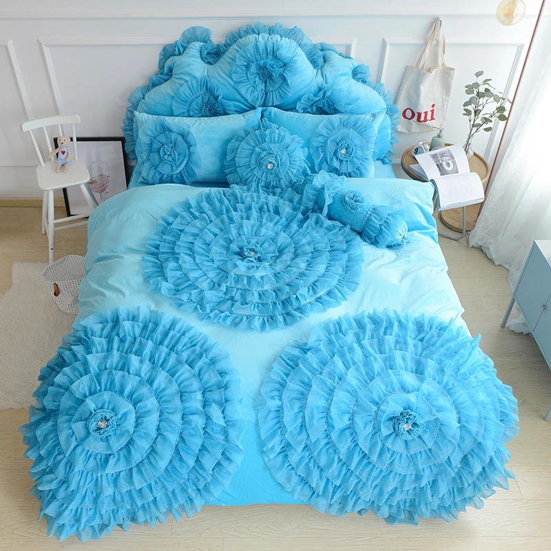 3/4/6/8pcs luxury crystal Flannel Lace Bedding set Winter Warm Fleece soft Duvet cover set Bed skirt Twin Queen King size