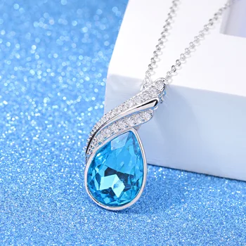 

100% 925 sterling silver shiny blue crystal water drop ladies`pendant necklaces women short link chain female jewelry gift cheap