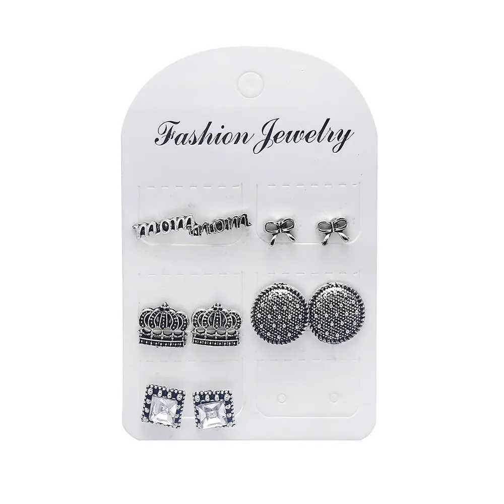 MissCyCy Vintage Silver Stud Earring Set Fashion Letters Mom Crown Crystal Earrings for Women Boho Geometric Jewelry | Украшения и