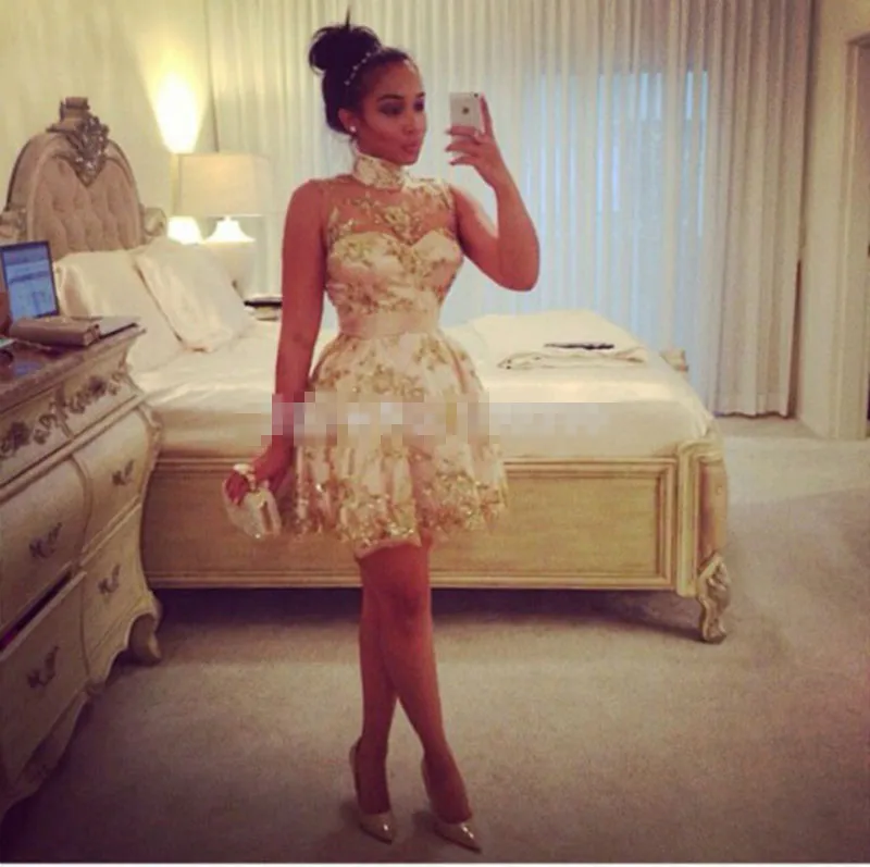 

Sexy High Neck Mini Party Club Dresses 2016 Above Knee Length A Line Formal Gown Gold Appliques Cocktail Homcoming Dress