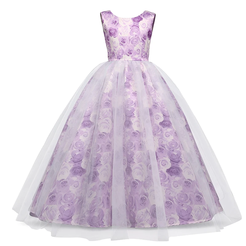 Новинка года; Детские платья для девочек; длинное фиолетовое платье из тюля с принтом; вечерняя одежда для девочек; платье с цветочным узором для девочек на свадьбу; Vestidos