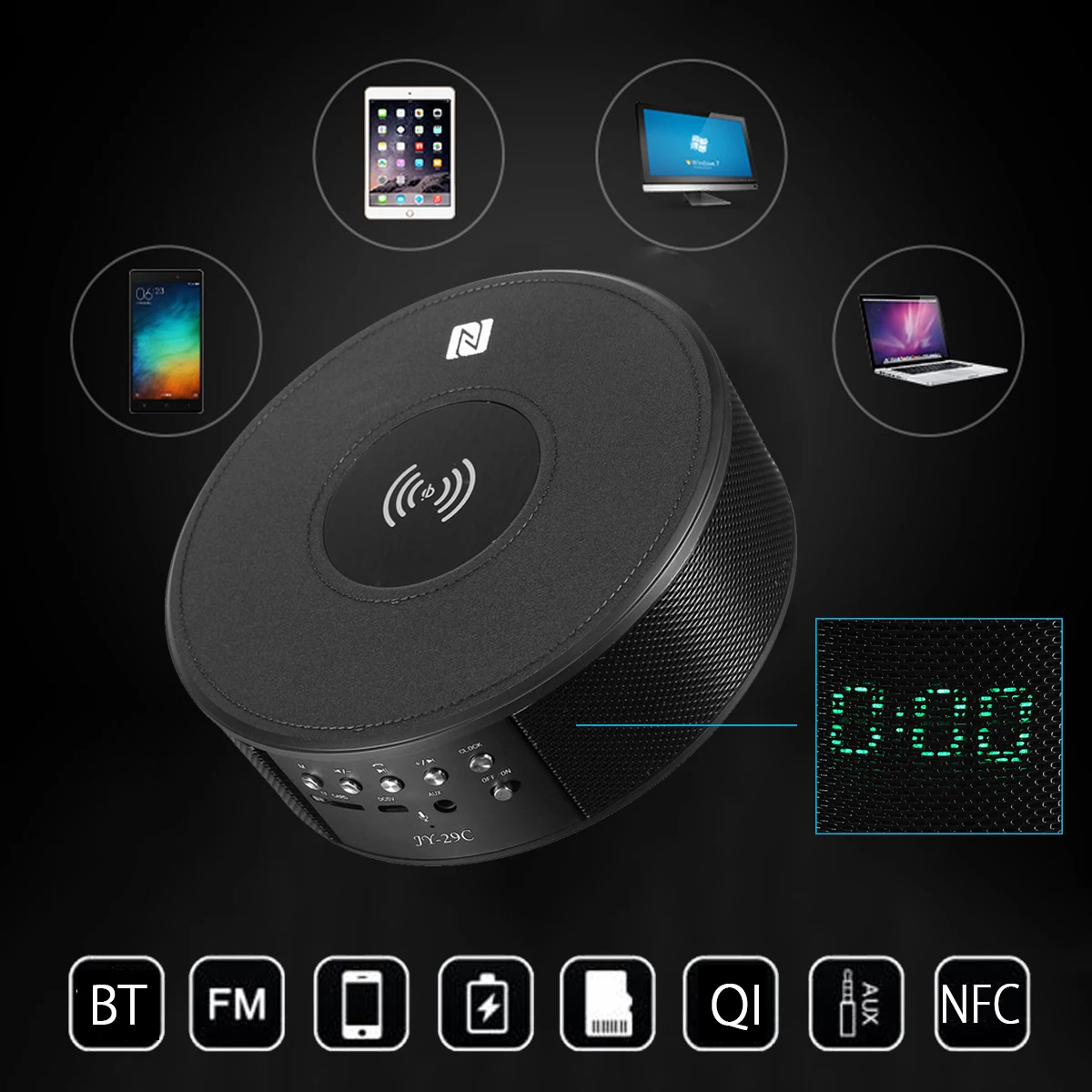 

Multifuction 6W Qi Wireless Phone Charger Holder Charging Pad Qi NFC bluetooth Speaker Music Radio Loudspeaker with Alarm Clock