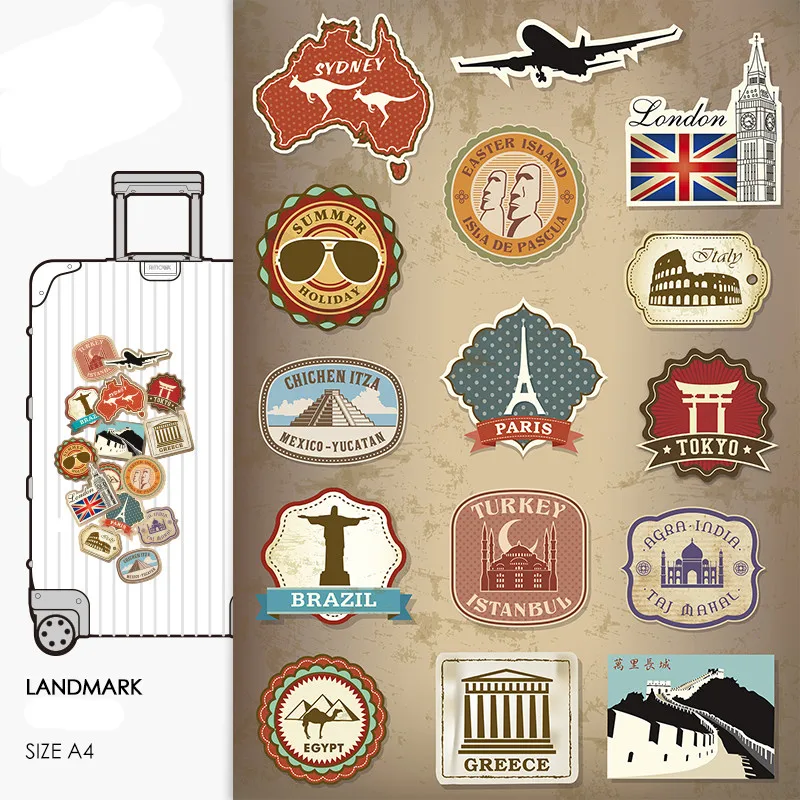 

15pcs Trend retro suitcase suitcase stickers trolley case notebook personality waterproof stickers