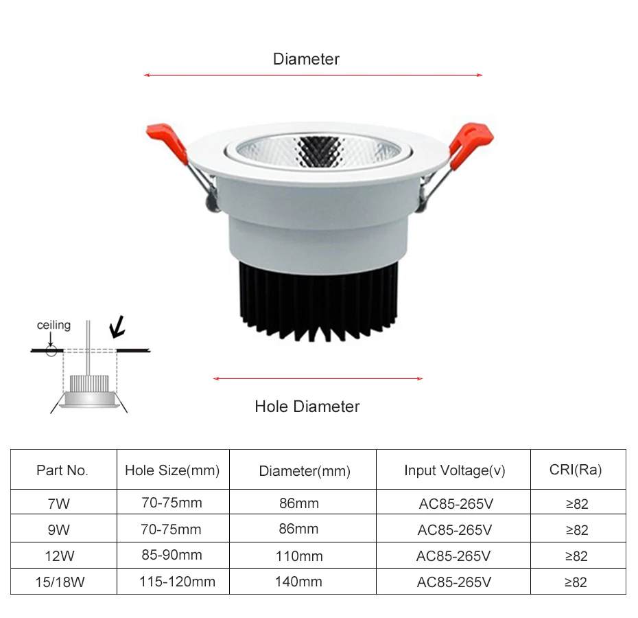 [DBF]Angle Adjustable LED Recessed Downlight Dimmable 7W 9W 12W 15W 18W Epistar COB Chip Ceiling Spot Lamp with 110/220V Driver