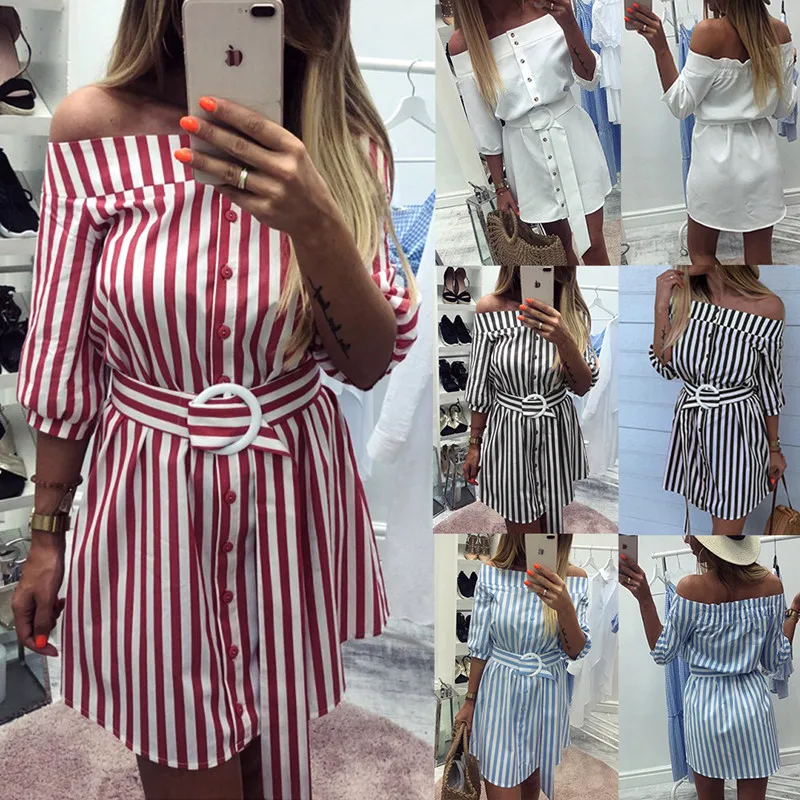 

Half Sleeve Striped Summer Dress 2019 New Sexy Off Shoulder Slash Neck Party Dress Women Fashion Single-breasted Casual Vestidos