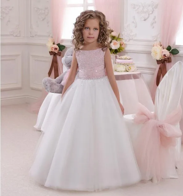 

Gorgeous Pink Flower Girl Dresses Beaded Girls Pageant Dress Kids Evening Gown Ball Gown vestido longo Custom Made