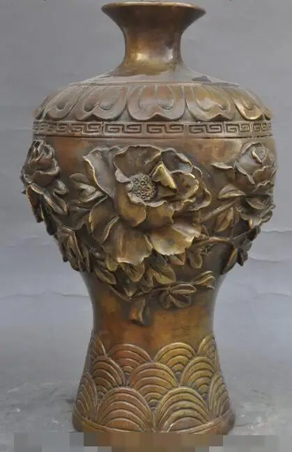 

S2941 12" marked old chinese bronze Peony flower Lotus flower statue Zun Cup Vase Jar