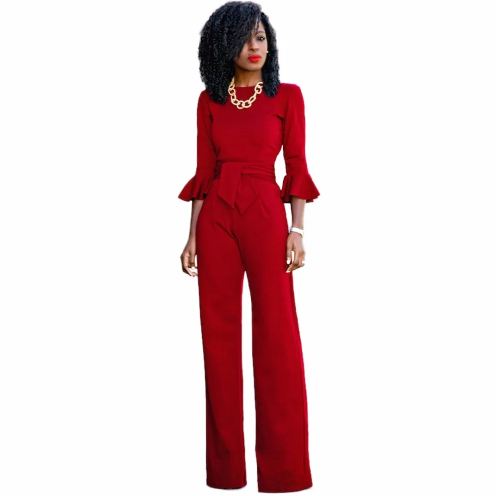 Red black Rompers Womens Jumpsuit Autumn Flare Sleeve Sashes Elegant