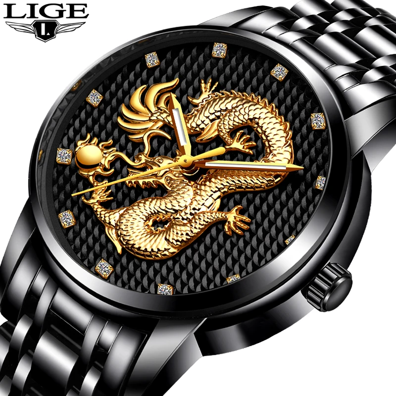 

Men Watches Top Brand LIGE Luxury Gold Dragon Sculpture Quartz Watch Men Full Steel Waterproof Wristwatch Relogio Masculino Gift