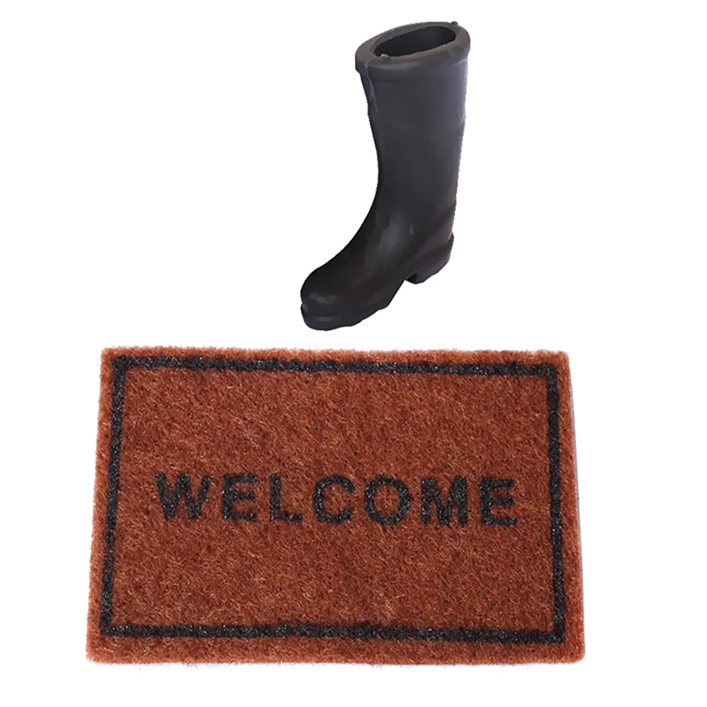 1/12 Dollhouse Miniature Rubber Rain Boots +1/12 Scale Brown Floor Rug Cover