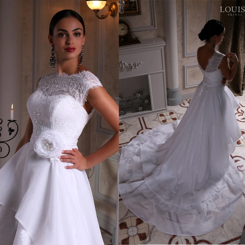 Unequal Lace Appliques Short Front Long Back Wedding Dress High