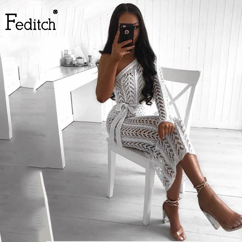 

Feditch Women Solid White Black Elegant Dress Sexy Hollow Out One Shoulder Long Sleeve Summer Dress 2018 Vintage Dresses Vestido
