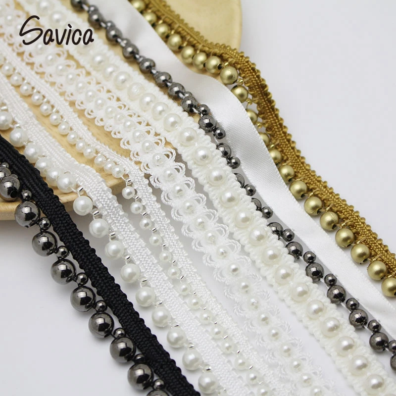 

Savica 1y/lot Multi Style Pearls Beads Lace Trim Tape Fabric Ribbon DIY Collar Sewing Crafts Garment Decor Materials LX120