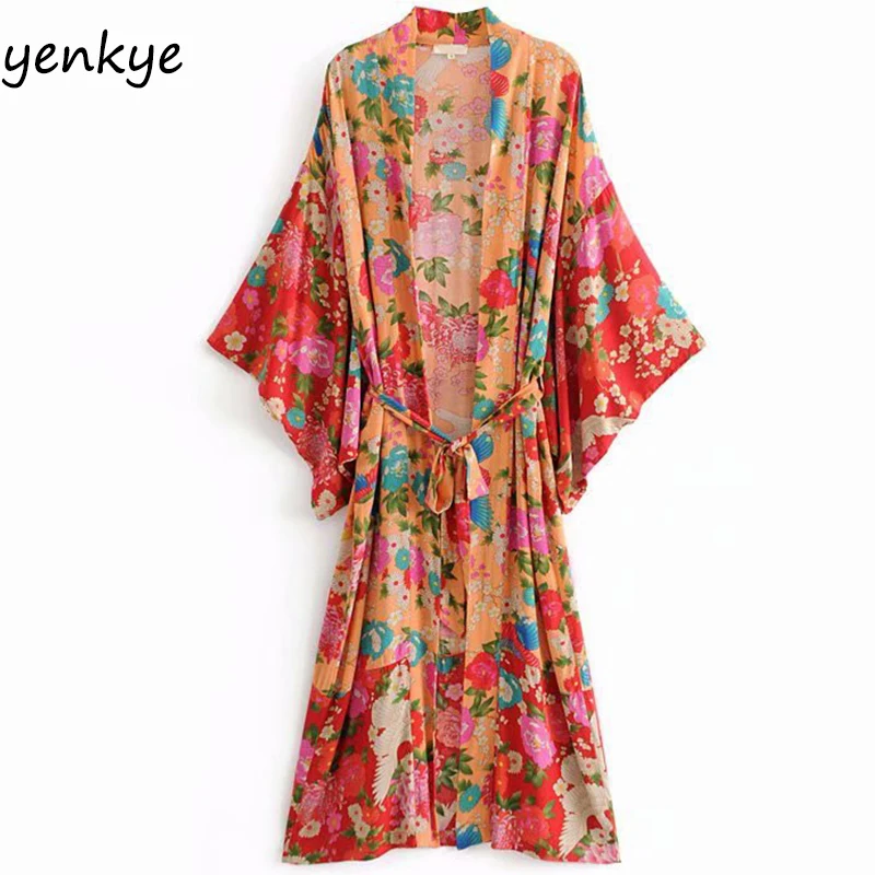 Summer Women Boho Floral Printed Long Kimono Dress Female Loose fitting Sleeve With Belt