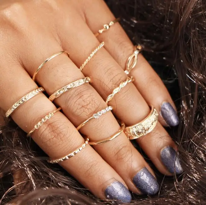 

ra068 Vintage crystal alloy ring set Joint ring combination winding knotted carved flower geometry 12 piece ring set
