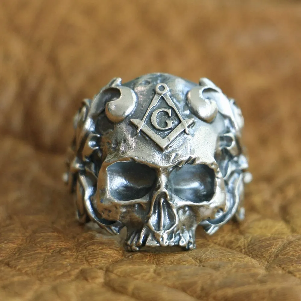 LINSION 925 Sterling Silver Masonic Skull Ring Mens Biker Punk Ring TA116 US Size 7~16