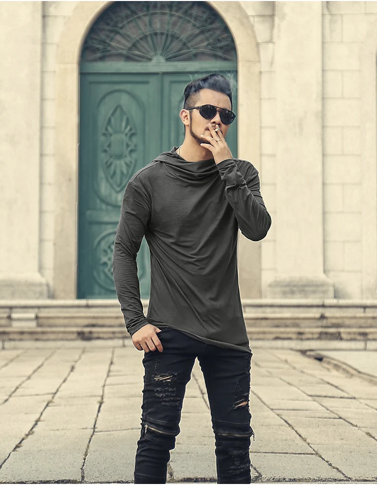 Men Autumn New European Style High Collar Long Sleeve Hooded T-shirt with Cap Men Slim Casual Cotton Irregular T-shirt T908 HTB1Iqf4XynrK1RjSsziq6xptpXaV - Men Autumn New European Style High Collar Long Sleeve Hooded T-shirt with Cap Men Slim Casual Cotton Irregular T-shirt T908