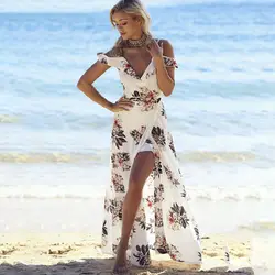 Цветочный принт оборками длиной макси платье для Для женщин сексуальная с плеча V шеи Разделение Пляж Boho летние платья Повседневное Vestidos DG104