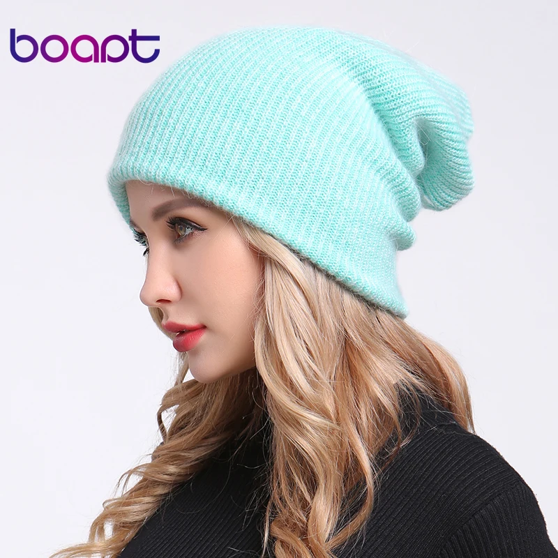

[boapt] double-deck soft rabbit knitting thick bonnet warm caps solid winter hats for women's hat skullies beanies female cap
