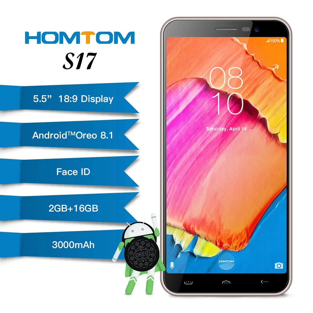 Мобильный телефон 5.5'' HOMTOM S17 2GB 16GB память 3000 mAh Face ID Android 8.1 MT6580 4 ядра 13MP+ 2MP двойной камеры 3g разблокирован смартфон