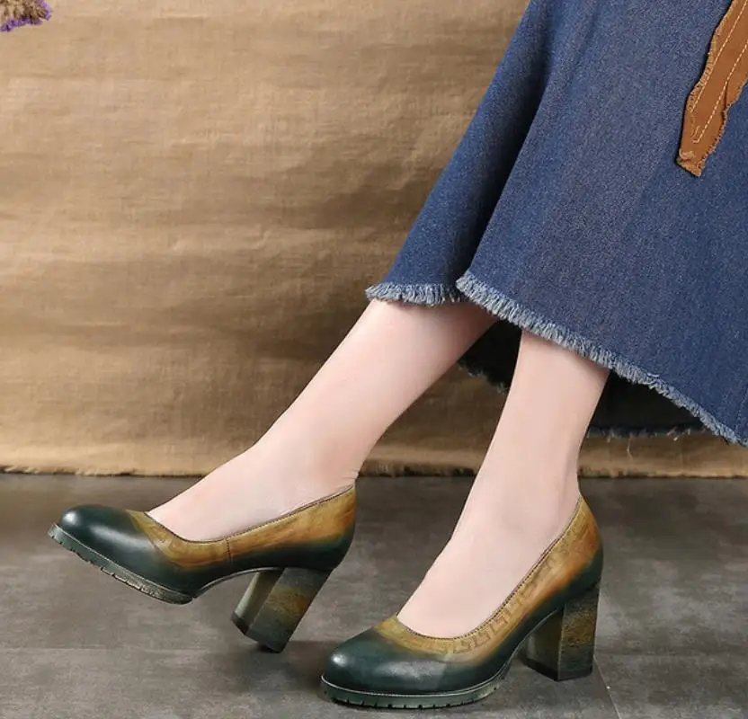 

BZBFSKY Spring and summer new fashion leather round head retro national style carved high heels shoes