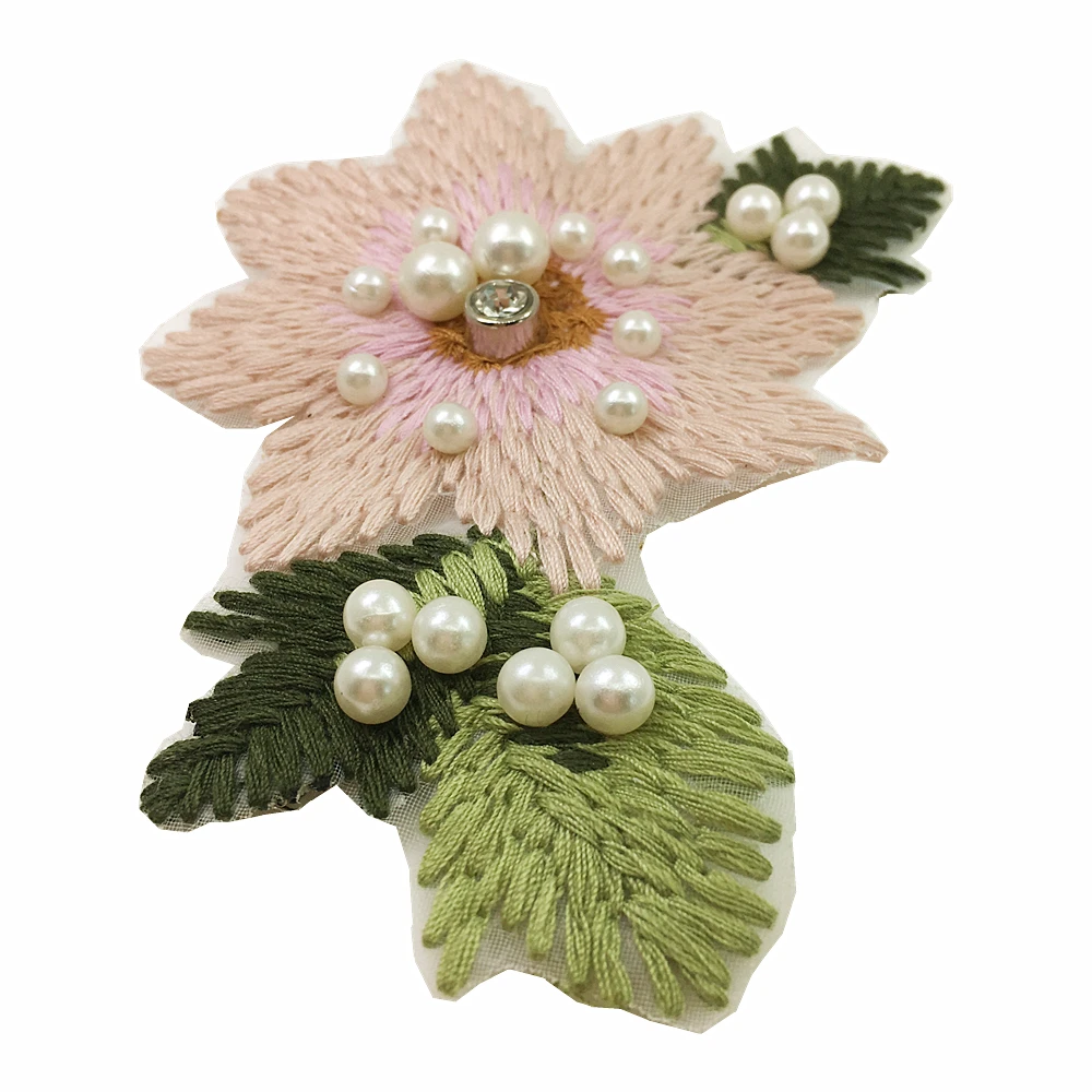 10pc Embroidered Pink Flower Patch Pearl Beaded Flowers Applique Patches For Coat Shoes
