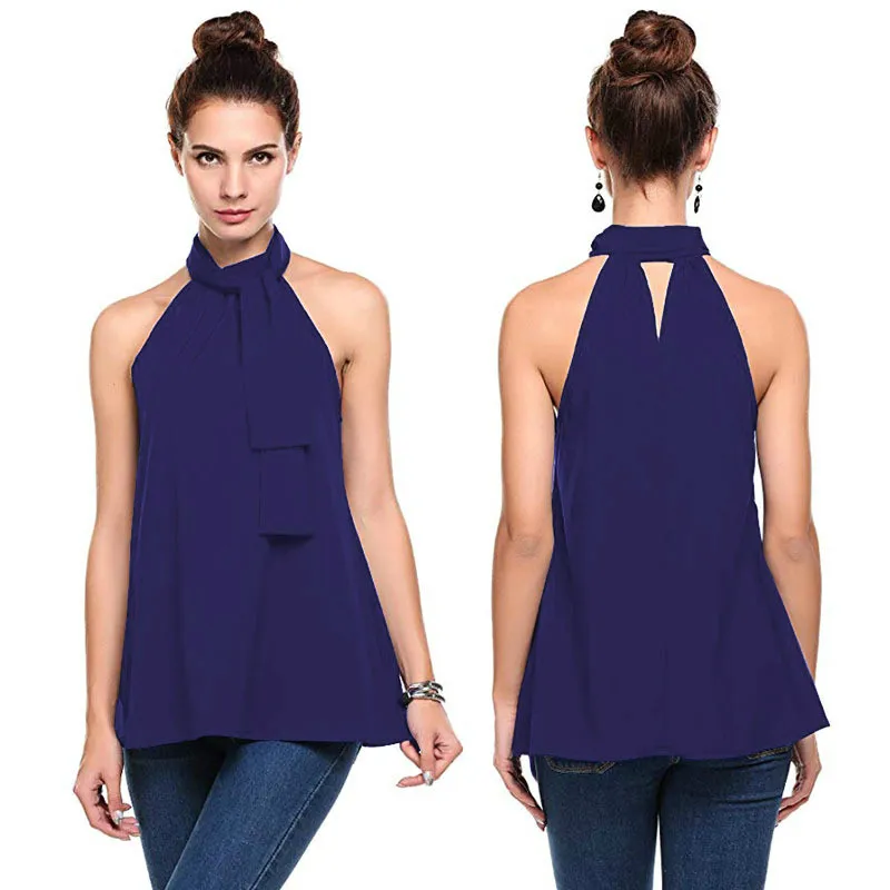 

Women Summer Halter Bow Tie Neck Tank Tops Elegant Plain Back Hollow Out Sleeveless Casual Loose Tank Top Vest