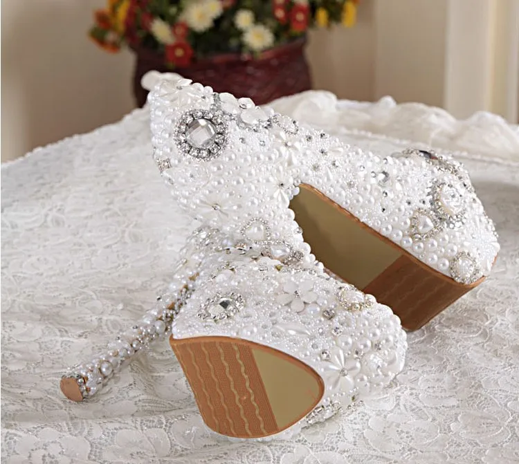 2016 White Color Gorgeous  High Heel Shoes Imitation Pearl Rhinestone Pumps Wedding Dress Shoes Bridal Shoes Popular Formal Shoe