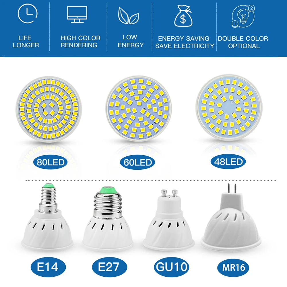 Счастливая светодиодный Светодиодный прожектор лампы E27 E14 MR16 GU10 светодиодный 220V 110V 2835 SMD 48 60 80 светодиодный s Lampada Bombillas для Освещение в помещении