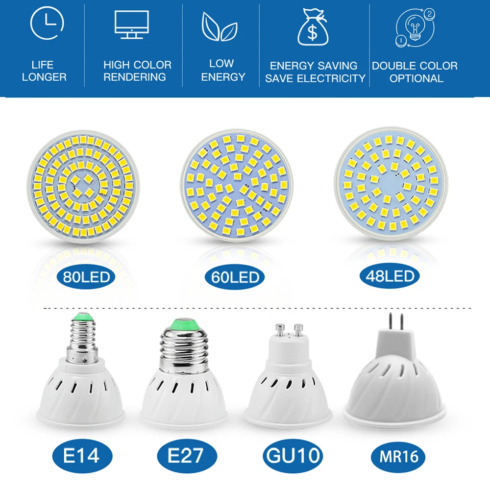 Счастливая светодиодный Светодиодный прожектор лампы E27 E14 MR16 GU10 220V 110V 2835 SMD 48 60 80 s
