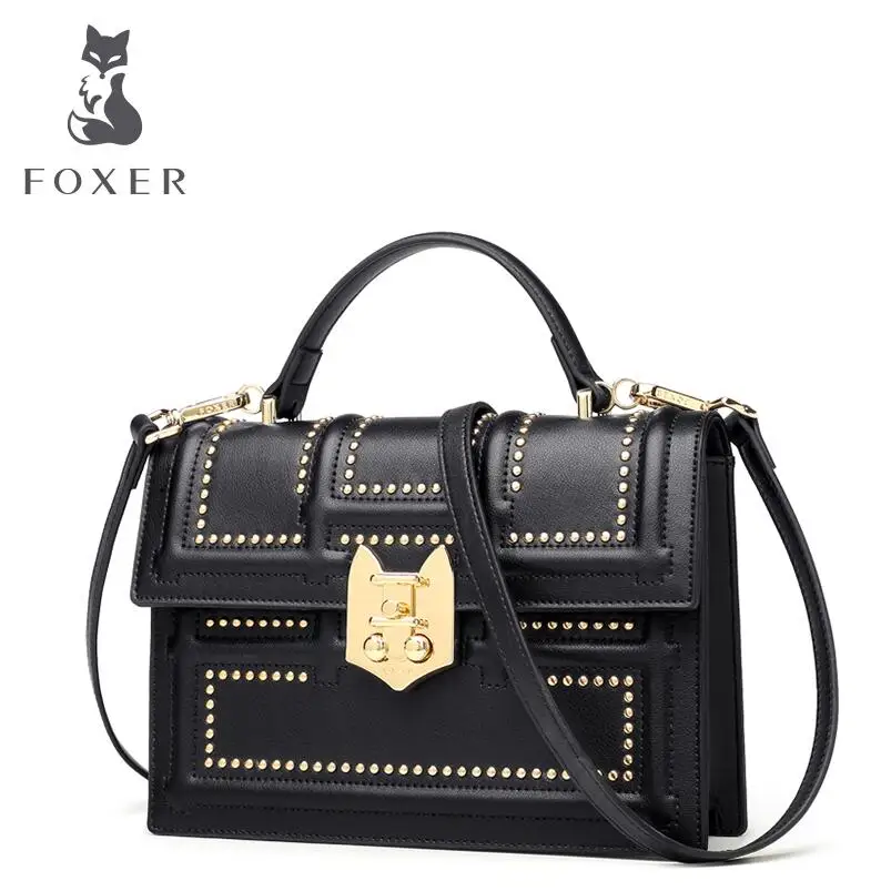 

FOXER 2018 New Fashion Rivet Handbag Female bag leather small square package Fashion Shoulder Messenger Bag