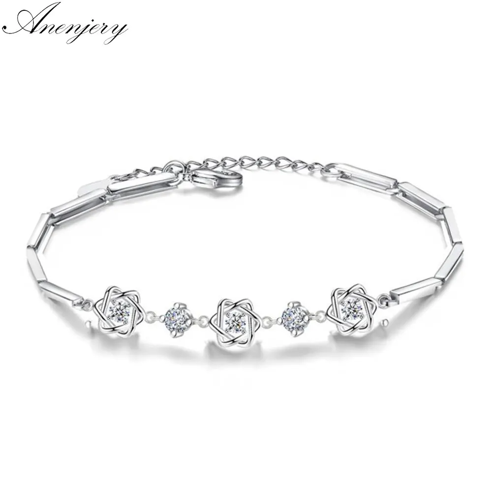 Anenjery 925 пробы серебряные браслеты для женщин Циркон звезда браслет pulseira feminina подарок на день Святого Валентина S-B103