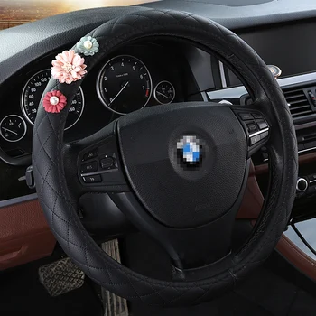 

KKYSYELVA Leather Women Car Steering Wheel Cover 38cm Steering-wheel Car inner accessories Auto wheel covers