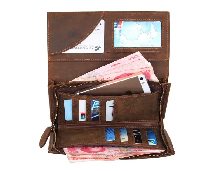 

J.M.D Hot Selling Real Crazy Horse Leather Long Wallets Vintage Credit Card Holder Wallets For Men 8052R